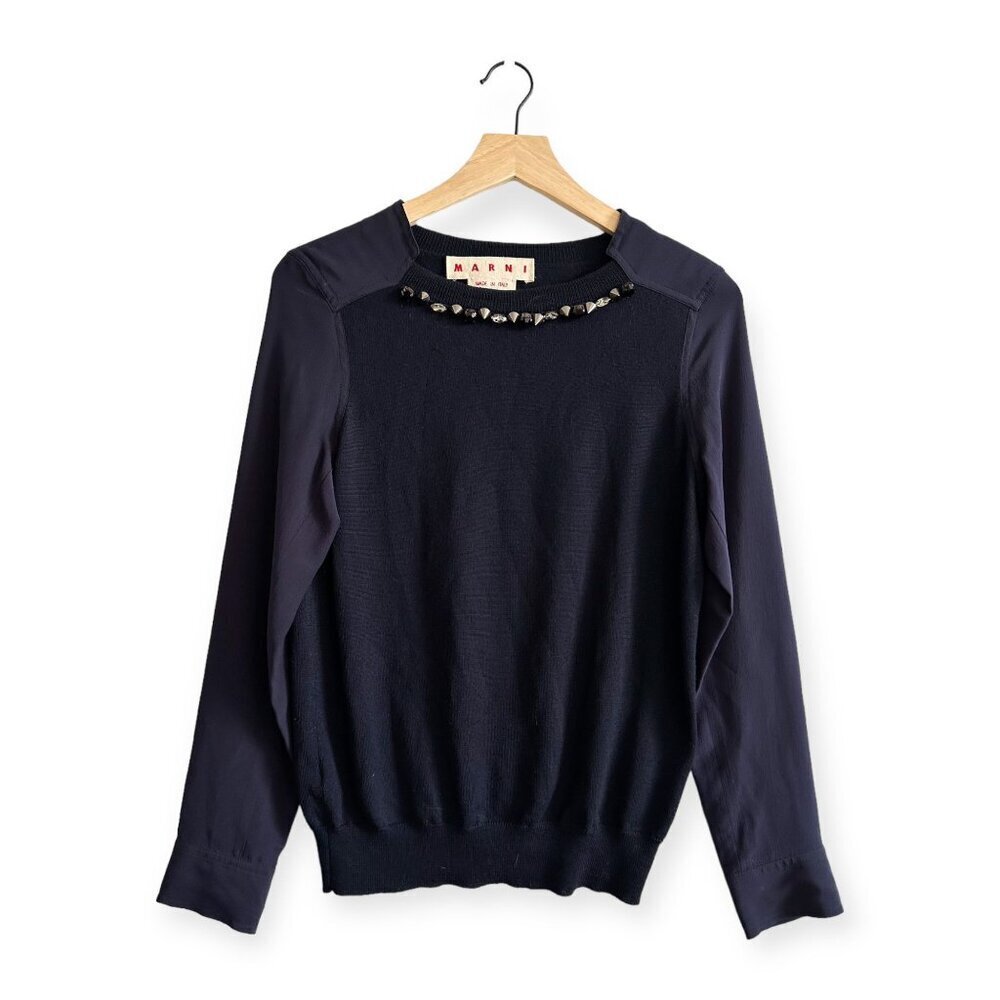 Marni Embellished Wool-Silk Sweater FW2012, Blue, Size: IT 40 (US Small)